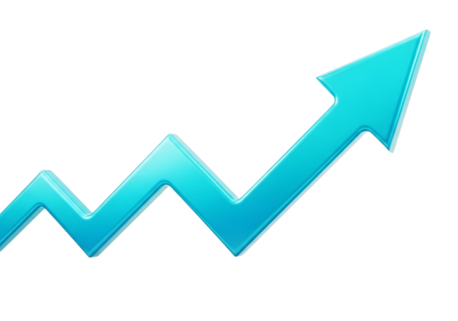 A bright blue arrow pointing upwards on a transparent background, symbolizing growth and success