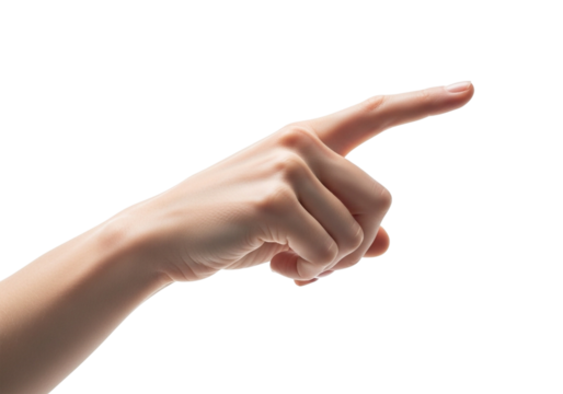 A persons hand pointing to the right with the index finger extended