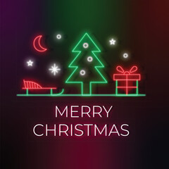 Art & Illustration of neon Christmas tree, cart and gift box isolated on gradient background 