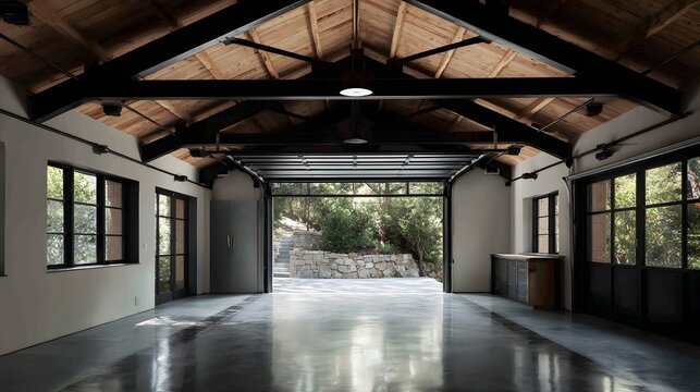 Large open garage with minimalist aesthetic and functional layout