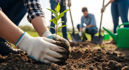 Community gardening team planting young sapling in sunny field for environmental conservation and sustainable living