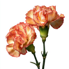 Carnation flower with orange and cream petals on white background