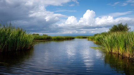 Fototapeta premium A serene river flows through lush green reeds under a dramatic sky with scattered clouds