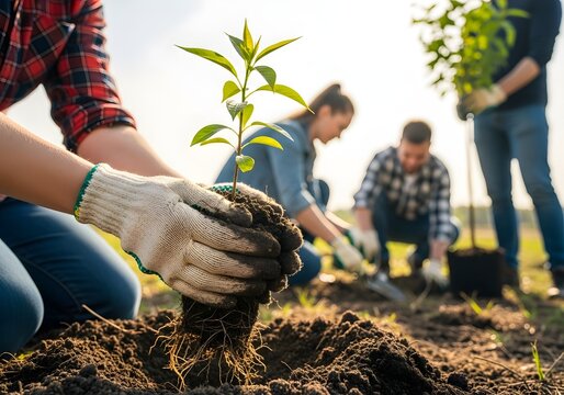 Community gardening project with volunteers planting seedlings, promoting environmental sustainability and teamwork for urban greening initiatives