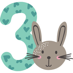 Cute Bunny Face and Teal Number Three with Heart Pattern Isolated on White Background Perfect for Birthday Decorations and Educational Content