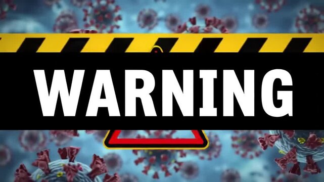 Warning sign with coronavirus cells and hazard stripes symbolizing global pandemic alert health crisis and infectious disease outbreak.