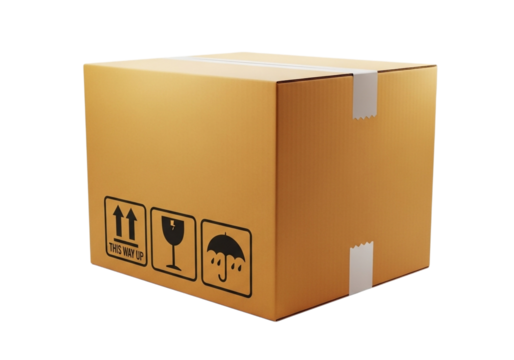A brown cardboard box with shipping symbols
