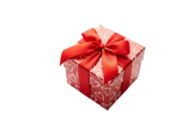 A red gift box with a ribbon and bow, decorated with hearts