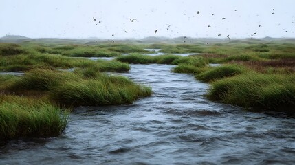 A flock of birds flies over a misty wetland landscape with flowing water and lush green marsh grass