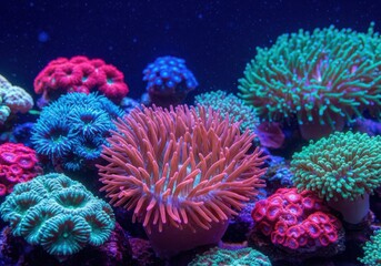 Obraz premium Vibrant underwater coral reef with diverse colorful anemones and polyps in a marine aquarium