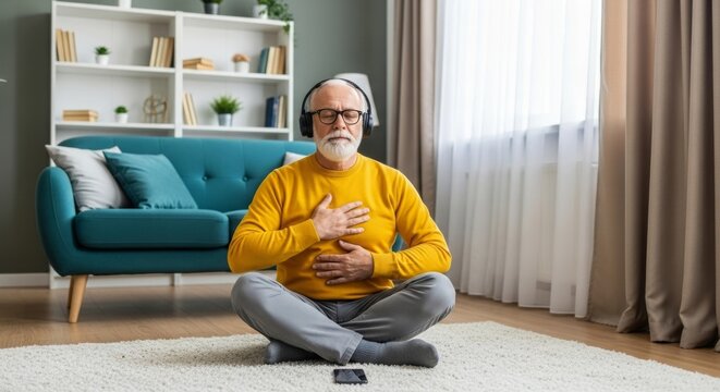 Elderly man meditating on the floor in cozy living room