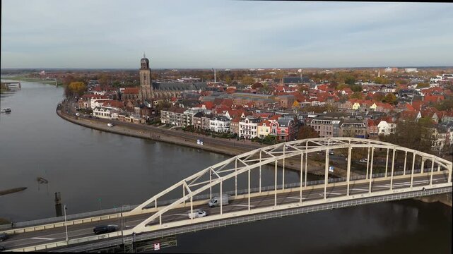 Drone Shot of the Bridge Over the IJssel River with Deventer