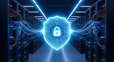 Cybersecurity and data protection concept with futuristic shield lock in technology server room