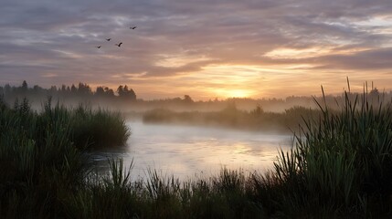 Misty marshland at sunrise with reeds and flying birds against a golden cloudy sky