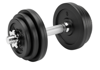Adjustable dumbbell with black weight plates and a chrome handle