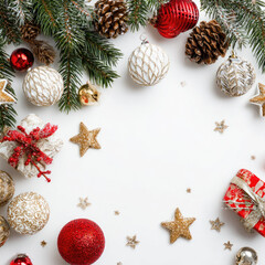 Christmas decoration with pine cones and gift box on white