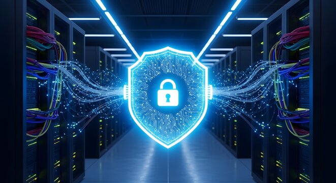 Cybersecurity and data protection concept with futuristic shield lock in technology server room