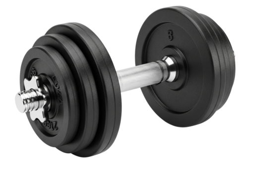 Adjustable dumbbell with black weight plates and a chrome handle - Powered by Adobe