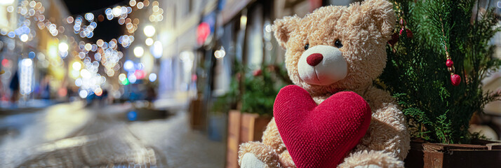 Teddy bear holding a red heart in a christmas setting with lights in the blurred background view outside