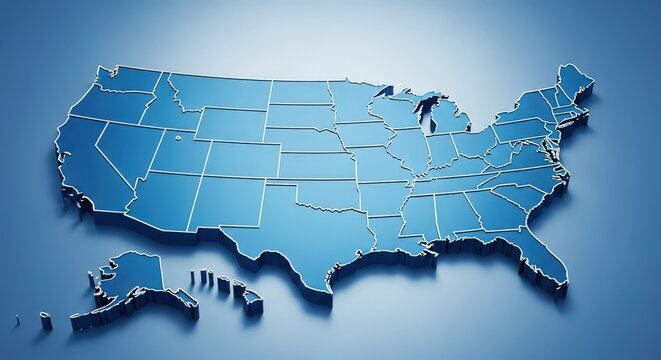 3d map of the united states with state borders highlighted in blue