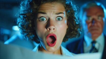 A calculated misstep: the emotional impact of job termination. Poster design. Disbelieving woman faces job loss in a detailed office environment. Cinematic poster. Thriller poster.