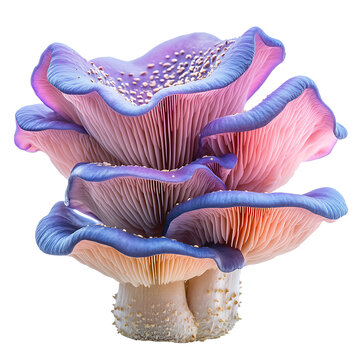 Vibrant pink and purple mushroom with detailed gills isolated on transparent background