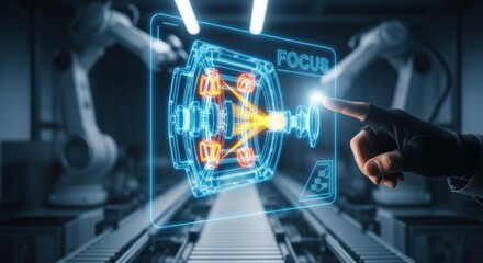 Hand wearing glove touching futuristic holographic blueprint complex machine with glowing orange components word focus, for advanced engineering, industrial automation, precise technical