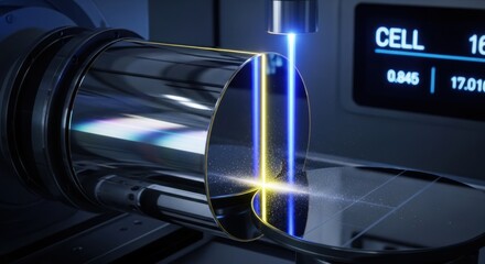 High-tech laser etching machine precisely cutting silicon wafer with bright blue yellow beams, for advanced manufacturing, semiconductor production, technological innovation in electronics