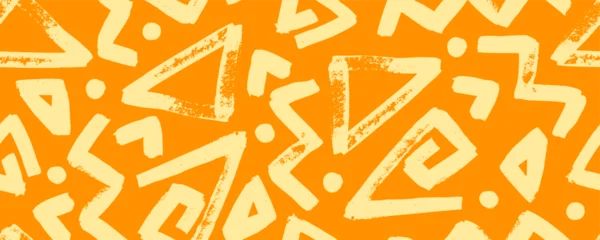 Fotobehang Afrikaanse Motieven Vibrant seamless pattern showcasing hawaiian cultural motifs with geometric brush triangle grange maze zig zag organic ink wave elements in orange color ornament style vector artwork.  © A_Y_N