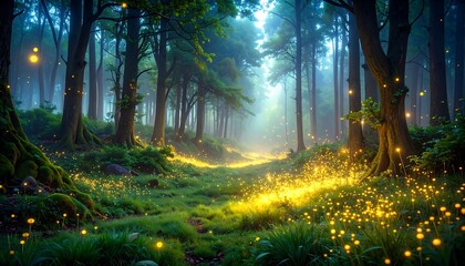 Dreamy forest scene, sunlit path, glowing orbs, lush greens, serene