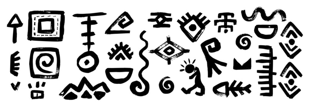 Ornate tribal symbol set capturing african aztec maya ethnic essence through idol logo icon vector influences in classic mexican. Arrow, fishbone, eye, rhombus, swirl elements on white background