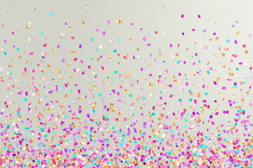 A festive background with falling confetti in shades of pink purple turquoise and gold on a light grey backdrop