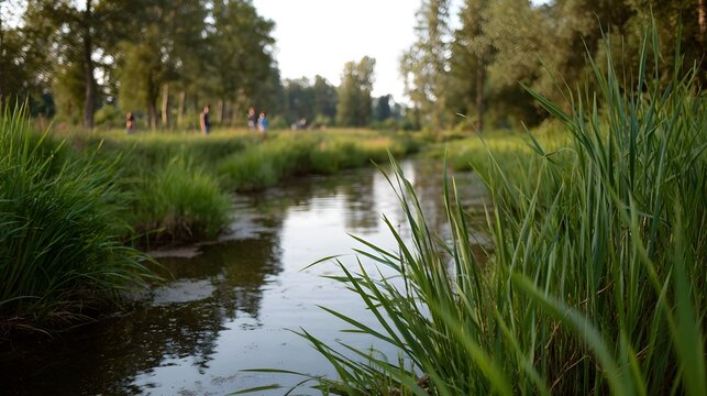 A tranquil stream flows through a lush green landscape with reeds and distant figures enjoy a peaceful outdoor setting