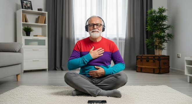 Elderly man meditating in colorful sweater on rug in modern home  