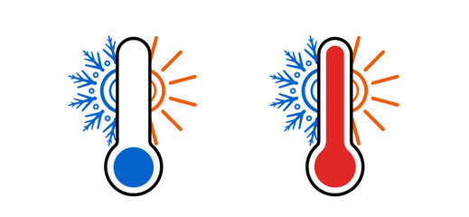 Abstract thermometer measure indicator set vector design with snowflake and sun symbol. Creative weather meteorology icon, summer, winter season illustration. 