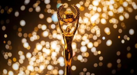 Golden trophy with laurel wreath and globe on abstract bokeh background for achievement and success concept