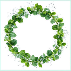 Circular wreath frame of fresh mint leaves with sparkling water