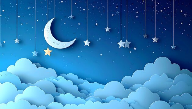 Dreamy illustration with paper-cut clouds, a crescent moon, and hanging stars in a blue gradient night sky - Powered by Adobe