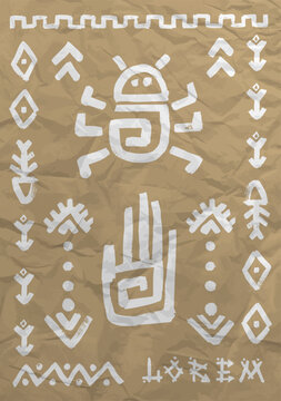 Ancient tribal symbol in african aztec maya style featuring ethnic idol logo icon design elements on textured papirus paper background with fold effects vector illustration for cultural motifs