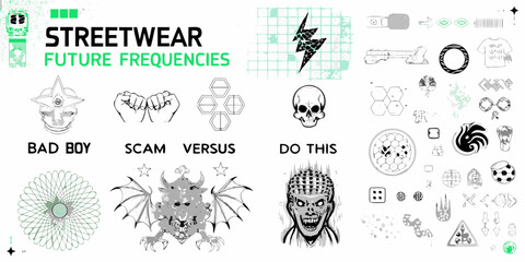 Streetwear future frequencies graphic design elements and icons for apparel and branding