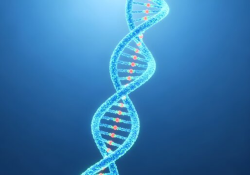 Glowing dna helix on blue background for biotechnology and genetics concepts