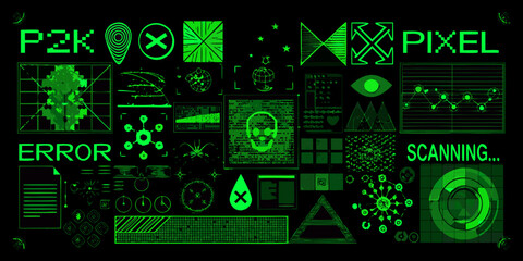 Digital glitch and cybernetic interface with scanning and error messages in neon green © Amrito