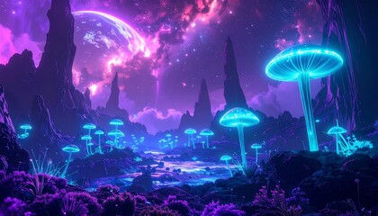 Dreamy landscape features bioluminescent flora under a vibrant, purple-hued sky with a giant planet dominating the scene