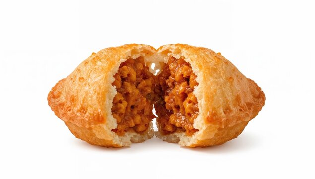 Golden fried curry puff split open with savory potato filling isolated on white background
