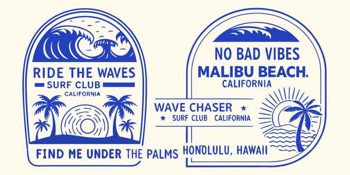 Retro blue surf club badges featuring waves palm trees and beach destinations