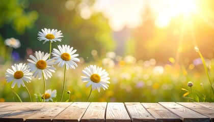 Daisies bloom in sunlight, displayed on a wooden surface, with blurred meadow background, evoking warmth and nature's beauty