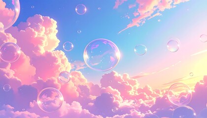 Dreamy landscape of fluffy pink clouds and floating iridescent bubbles against a gradient sky backdrop