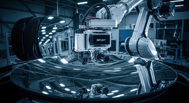 Industrial robotic arm with camera inspecting large curved reflective surface, for quality control, precision manufacturing, advanced technology, automated inspection processes in modern