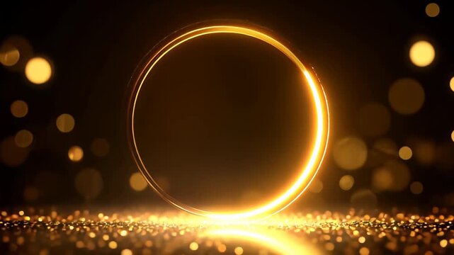 Glowing gold circle frame on a dark bokeh background with glitter. Luxury festive design for holiday advertisement.