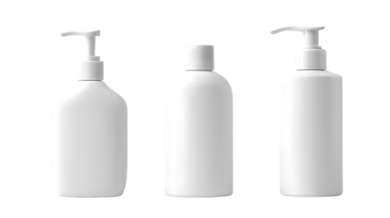 Three white plastic bottles for cosmetic products mockup